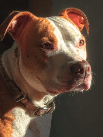A pitbull showcases a soft, gentle expression, bathed in bright neutral light, creating a warm and inviting atmosphere.の素材