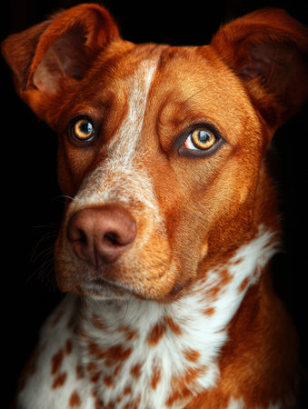 A mixed breed rescue dog gazes with soulful eyes, showcasing a blend of colors and patterns under gentle light.の素材
