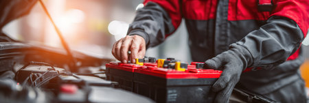 A mechanic works on replacing a car battery in a garage with bright winter light reflecting off surfaces, showing precise, careful movements.の素材