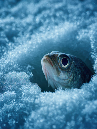 A fish breaks through the icy surface of a frozen lake, surrounded by detailed winter textures and vibrant cold blue tones.の素材