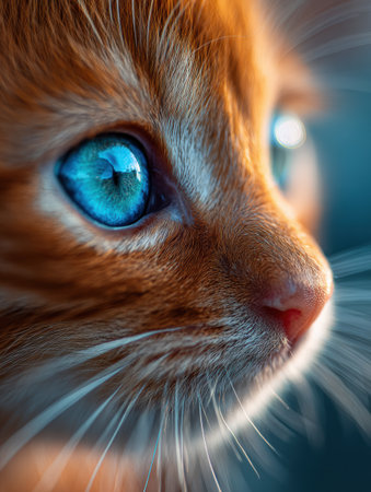 Bright blue eyes of a kitten showcase stunning detail, with a shallow depth of field creating a soft background.の素材