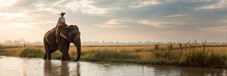 A peaceful scene depicts a mahout guiding a beautifully adorned elephant across a serene rice field during sunset, creating a calm atmosphere.の素材