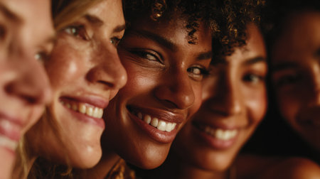 Diverse women share joyful smiles together, showcasing their glowing skin and highlighting the beauty of friendship in a warm-toned environment.の素材