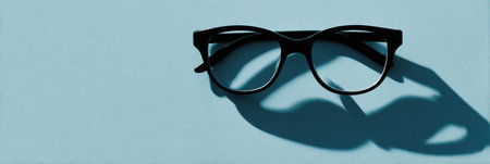 A silhouette of glasses rests on a pastel blue background, casting a soft shadow while leaving ample space for text.の素材