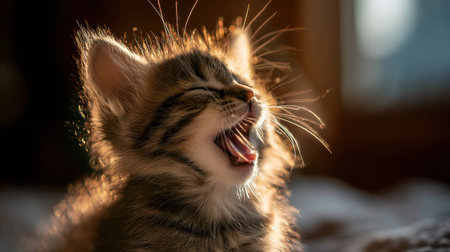 A cheerful kitten yawns wide in the gentle sunlight, showing its playful spirit and adorable features.の素材