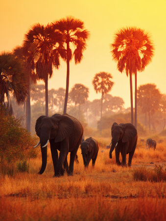 Elephants walk gracefully through a golden savanna at sunrise, surrounded by palms and warm light highlighting their majestic silhouettes.の素材