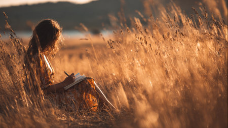 In a golden field at sunset, a woman sits peacefully, writing in her gratitude journal, embracing the calm and beauty around her.の素材