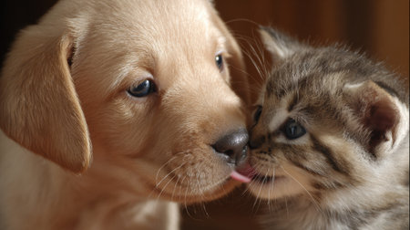 A puppy licks a kitten gently, displaying a maternal gesture in a warm, inviting atmosphere during a peaceful moment.の素材