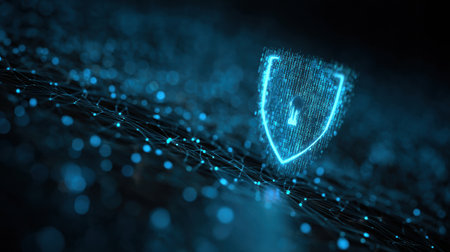 A glowing shield with a padlock symbol is displayed against a dark digital network background, emphasizing cyber security and data protection.の素材