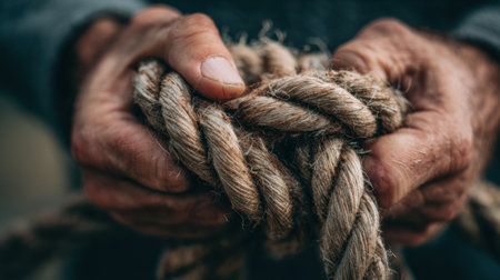 Individual works carefully to untangle a difficult rope knot, symbolizing the challenges of problem solving and inner conflict.の素材