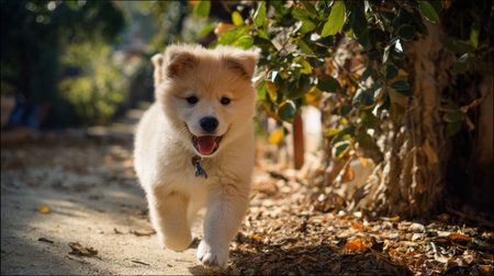 A playful puppy jumps with joy in a sunny garden, its energy and happiness creating a vibrant scene filled with motion.の素材