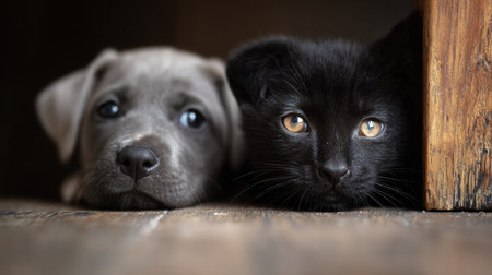A black kitten peeks playfully from behind a gray puppy, creating a cute and lively interaction in a warm indoor space.の素材