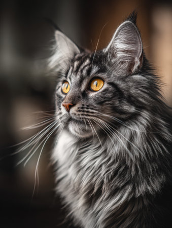 A Maine coon cat poses elegantly, its long fur glistening in natural light while it gazes thoughtfully, highlighting its beautiful features.の素材