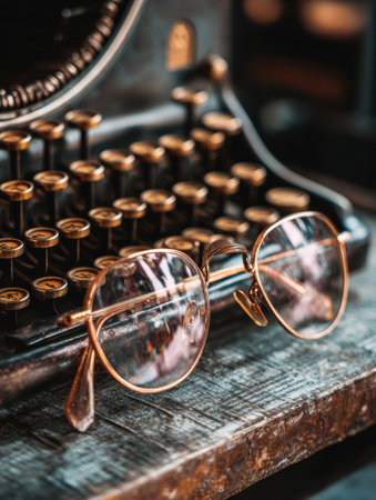 Glasses rest beside a vintage typewriter, capturing the essence of a writers lifestyle in soft, inviting tones in a cozy setting.の素材