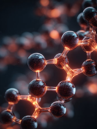 An intricate network of abstract molecules illuminates through glowing lines, showing advancements in skincare science.の素材