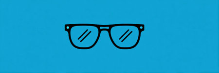 Centered line art glasses icon on a bright blue background creates an eye-catching visual ideal for promotional content or ad space.の素材