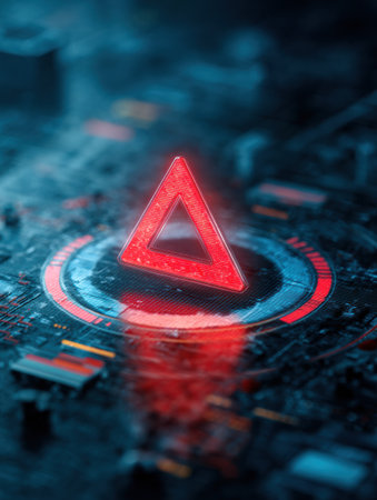 A red triangle glows brightly on a high-tech interface, signaling a warning and indicating a critical system error amidst digital circuitry.の素材