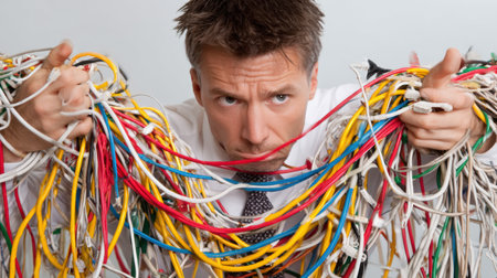 Professional man concentrates on untangling a complex network of cables, representing the effort in resolving technical issues.の素材