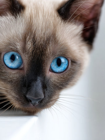 A Siamese kitten rests on a white surface, highlighting its vivid blue eyes and soft fur in a simple, clean composition.の素材