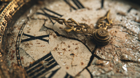 A cracked clock face reveals wear and age, symbolizing the passage of time and opportunities that have slipped away.の素材