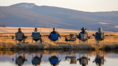 Six friends sit in folding chairs, fishing quietly by the water as the sun sets over the tranquil landscape.の素材