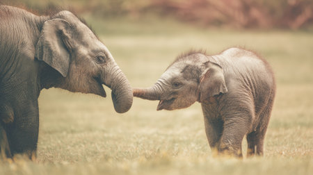 A baby elephant is trying out its trunk while bonding with an adult elephant in a sunny, grassy environment, showcasing a cute, clumsy moment.の素材