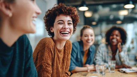 Diverse group of colleagues share a joyful moment, laughing together around a table in a modern office space filled with good energy.の素材