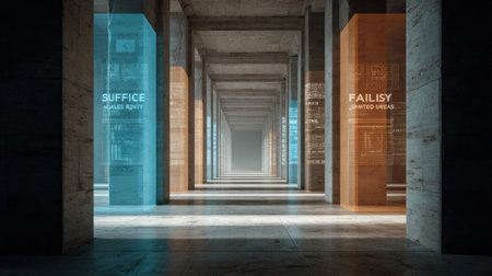 A corridor showcasing pillars labeled with concepts of AI governance including transparency, safety, risk, and fairness in bright light.の素材
