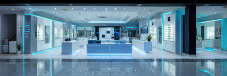 Spacious optical store with reflective surfaces, modern design, and displays of eyewear under bright lighting, creating an inviting atmosphere.の素材