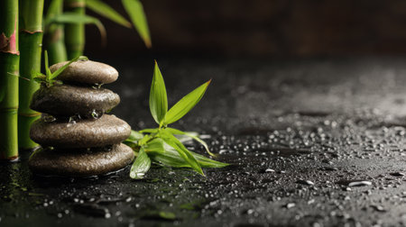 Calm setting features smooth stones stacked near fresh bamboo, with glistening water drops enhancing the serenity and relaxation for mindfulness.の素材