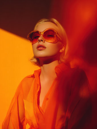 In a bright studio, a woman with transparent frames models confidently under warm orange lighting, creating a striking editorial scene.の素材