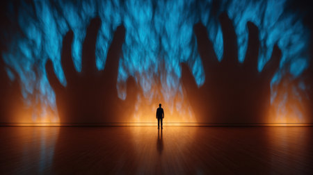 A lone figure confronts a giant shadow on the wall, embodying the struggle between fear and self-awareness in a surreal space.の素材