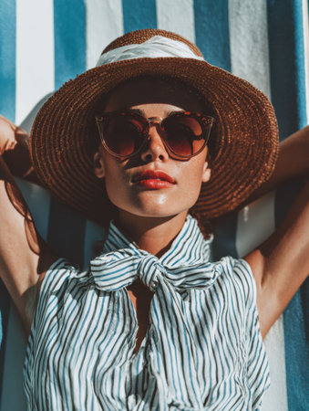 A woman lounges comfortably on a deck chair, wearing fashionable sunglasses and a sun hat. She enjoys the bright and warm atmosphere.の素材