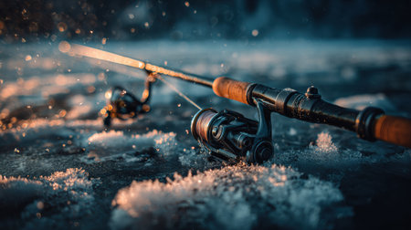 Fishing rod rests beside a drilled ice hole as snow crystals sparkle in the cold morning light, setting the scene for winter fishing.の素材