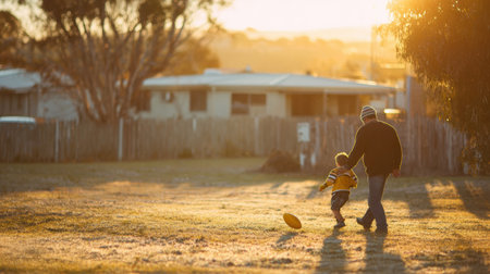 Father and son share quality time playing football in their backyard as warm golden hour light bathes the scene in a soft glow.の素材