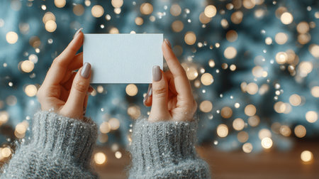 A woman holds a blank card, highlighting her manicured nails, with a soft bokeh effect of sparkling lights in the festive atmosphere.の素材