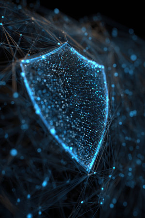 Bright blue shield symbolizes security in network connections, with dynamic binary code illustrating data flow throughout the digital landscape.の素材