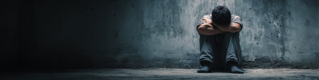 A man is seated on the floor with his hands on his head, reflecting feelings of emotional distress and lifes challenges in dim lighting.の素材
