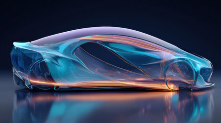 A transparent car body reveals a glowing highway curve, highlighting motion design details as it moves swiftly through the night.の素材