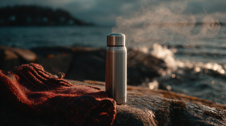 A steaming thermos rests on a rock next to a fishing hole, surrounded by cold water and a cozy blanket, bringing warmth to a frosty morning.の素材