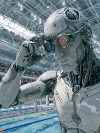 A robot swimmer prepares for a race by adjusting its tinted goggles in an advanced swimming facility filled with spectators.の素材