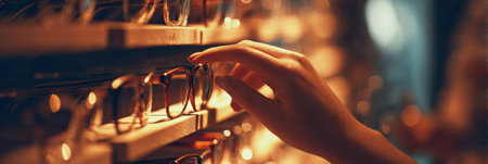 Hands carefully choose eyeglass frames from a display shelf illuminated by warm lighting in an inviting shop atmosphere.の素材