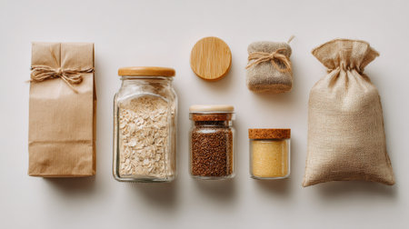 Eco-friendly kraft packaging and stylish glass jars with natural ingredients, ideal for a sustainable lifestyle.の素材