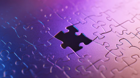A jigsaw puzzle with one missing piece on a soft gradient background symbolizes an incomplete solution and problem identification.の素材