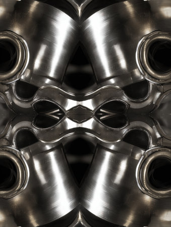 Pistons are arranged to form an intricate, abstract pattern showing mechanical symmetry and design elements.の素材