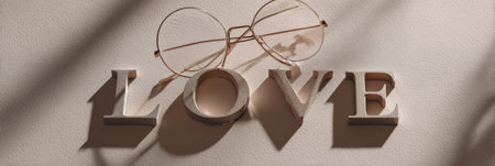 Glasses rest above the letters spelling love, casting a heart-shaped shadow in soft light, evoking romance and warmth in a cozy settingの素材