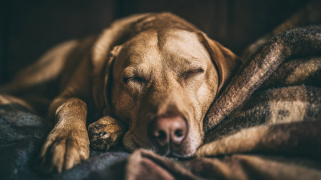 A dog rests soundly on a couch, snuggled in a soft blanket, creating a serene and cozy environment perfect for relaxation.の素材