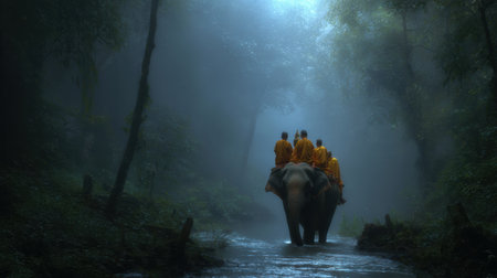Monks ride an elephant through a foggy forest, surrounded by dense trees and a peaceful, mystical ambiance.の素材