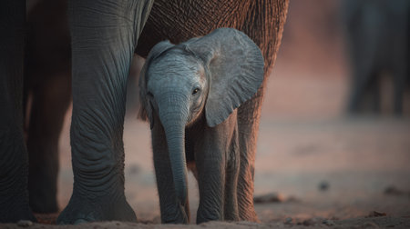 A baby elephant is nestled close to its mother in gentle morning light, embodied warmth, care, and the bond of family in nature.の素材