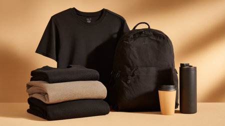 A display of black t-shirts, a backpack, a coffee cup, and a tote, all emphasizing a sleek, minimalist design.の素材